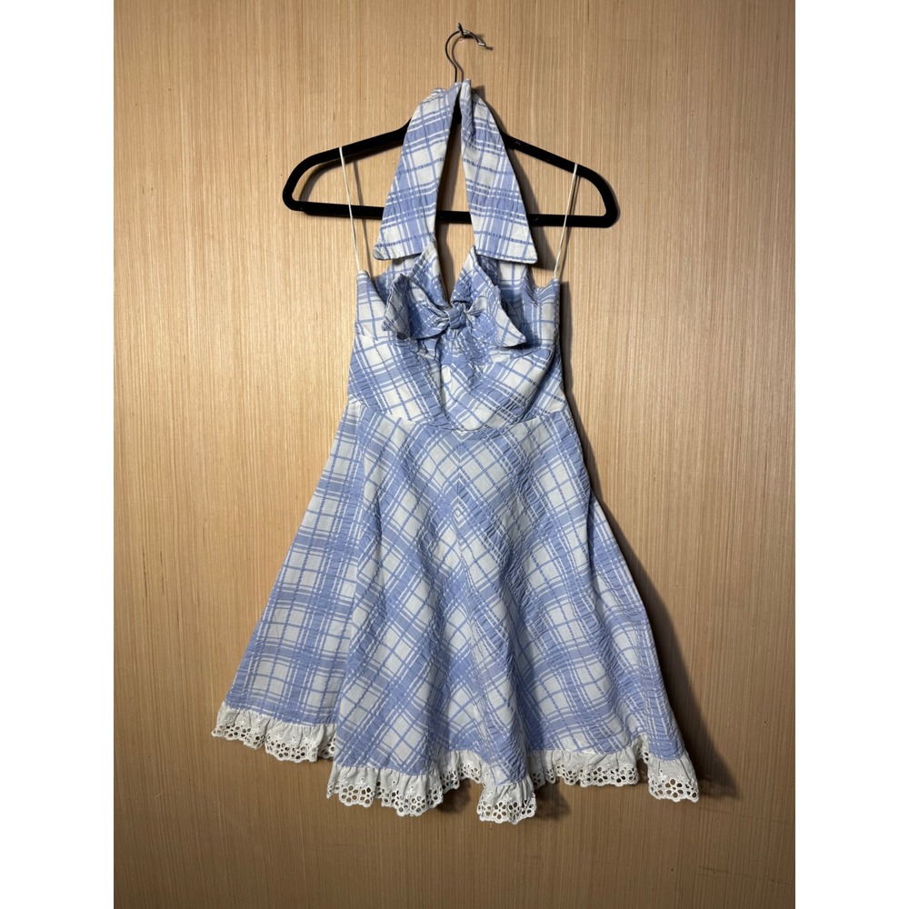 Vintage 70's Mikey Jrs California Blue White Plaid Halter Dress Eyelet Lace Trim